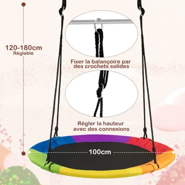 Balançoire Nid d'Oiseau Rond Ø 100CM avec Réglable 120-180CM Balançoire Ronde Intérieur Extérieur avec Cadre en Acier Charge 300kg pour 2-3 Enfants