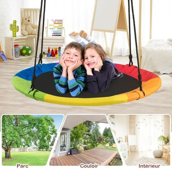 Balançoire Nid d'Oiseau Rond Ø 100CM avec Réglable 120-180CM Balançoire Ronde Intérieur Extérieur avec Cadre en Acier Charge 300kg pour 2-3 Enfants