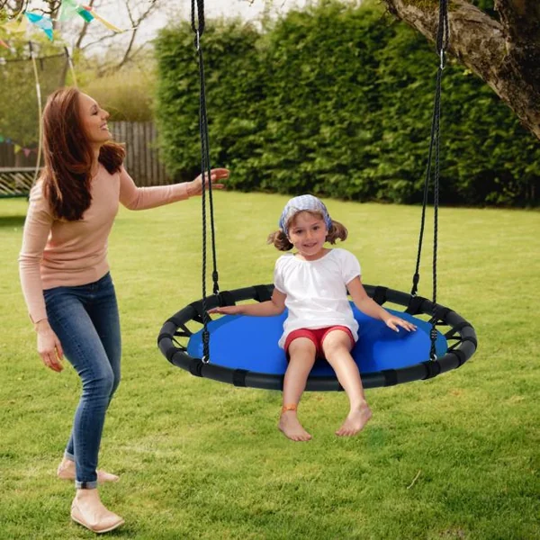 Balançoire Nid d’Oiseau Ronde Ø100CM pour Enfant Hauteur Réglable 100-160CM Charge 150 KG Bleu