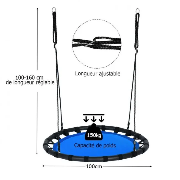 Balançoire Nid d’Oiseau Ronde Ø100CM pour Enfant Hauteur Réglable 100-160CM Charge 150 KG Bleu