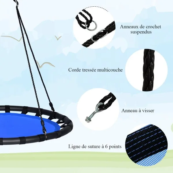 Balançoire Nid d’Oiseau Ronde Ø100CM pour Enfant Hauteur Réglable 100-160CM Charge 150 KG Bleu