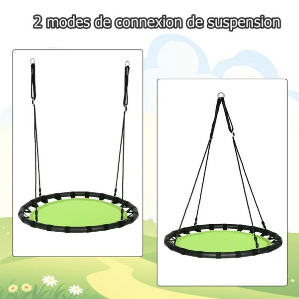 Balançoire Nid d’Oiseau Ronde Ø100CM pour Enfant Hauteur Réglable 100-160CM Charge 150 KG Vert