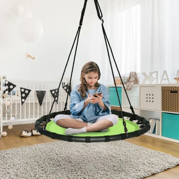 Balançoire Nid d’Oiseau Ronde Ø100CM pour Enfant Hauteur Réglable 100-160CM Charge 150 KG Vert
