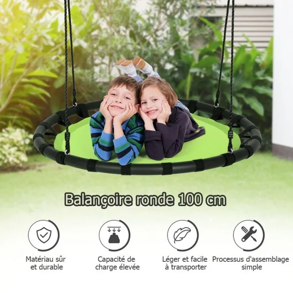 Balançoire Nid d’Oiseau Ronde Ø100CM pour Enfant Hauteur Réglable 100-160CM Charge 150 KG Vert