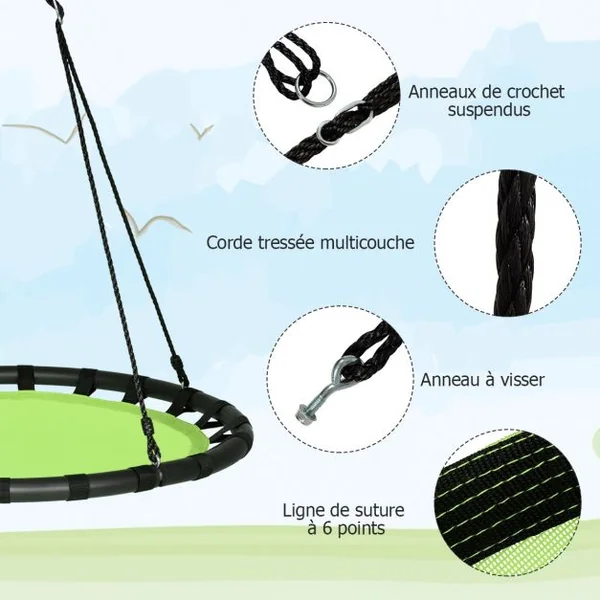 Balançoire Nid d’Oiseau Ronde Ø100CM pour Enfant Hauteur Réglable 100-160CM Charge 150 KG Vert