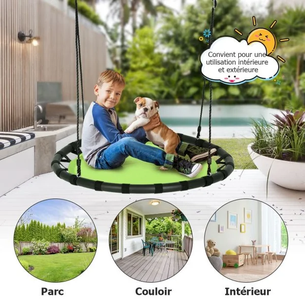 Balançoire Nid d’Oiseau Ronde Ø100CM pour Enfant Hauteur Réglable 100-160CM Charge 150 KG Vert