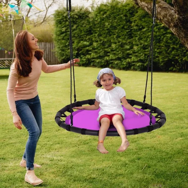 Balançoire Nid d’Oiseau Ronde Ø100CM pour Enfant Hauteur Réglable 100-160CM Charge 150 KG Violet
