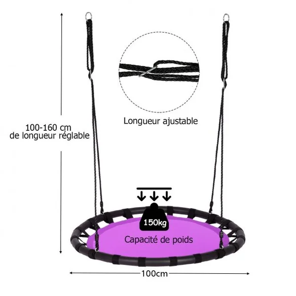 Balançoire Nid d’Oiseau Ronde Ø100CM pour Enfant Hauteur Réglable 100-160CM Charge 150 KG Violet