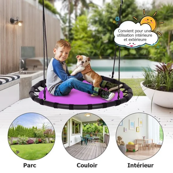 Balançoire Nid d’Oiseau Ronde Ø100CM pour Enfant Hauteur Réglable 100-160CM Charge 150 KG Violet