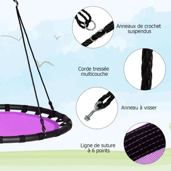 Balançoire Nid d’Oiseau Ronde Ø100CM pour Enfant Hauteur Réglable 100-160CM Charge 150 KG Violet
