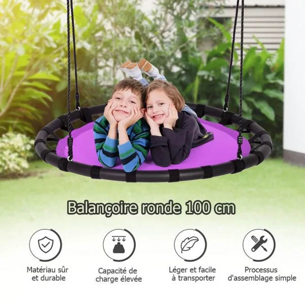 Balançoire Nid d’Oiseau Ronde Ø100CM pour Enfant Hauteur Réglable 100-160CM Charge 150 KG Violet