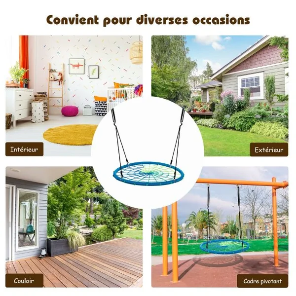 Balançoire Nid d’Oiseau Ø100CM Corde Réglable 100-160CM Charge 150KG Bleu
