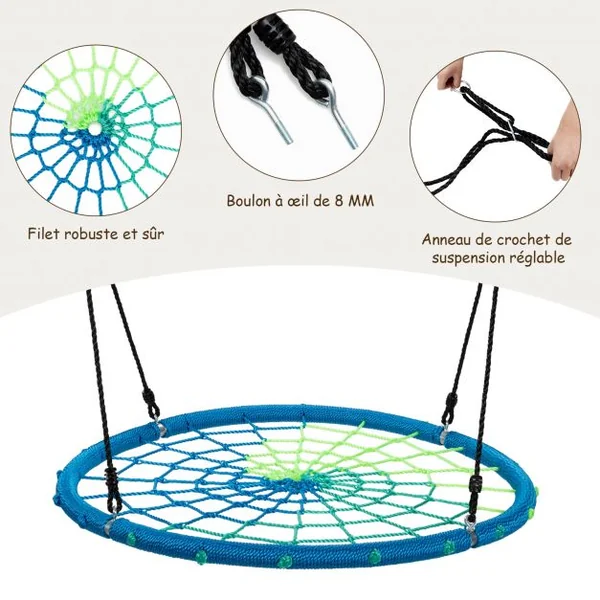 Balançoire Nid d’Oiseau Ø100CM Corde Réglable 100-160CM Charge 150KG Bleu
