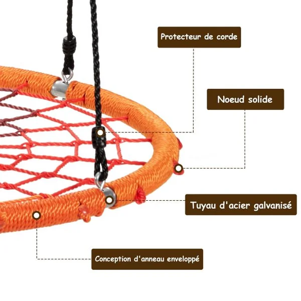 Balançoire Nid d’Oiseau Ø100CM Corde Réglable 100-160CM Charge 150KG Orange