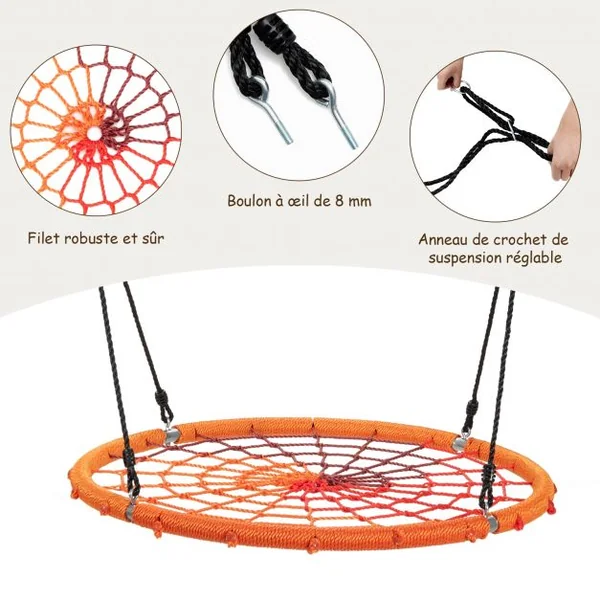 Balançoire Nid d’Oiseau Ø100CM Corde Réglable 100-160CM Charge 150KG Orange