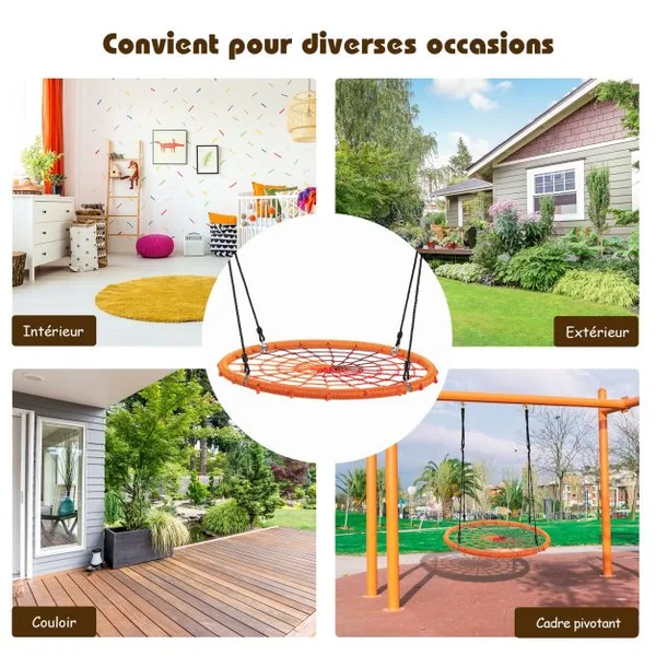 Balançoire Nid d’Oiseau Ø100CM Corde Réglable 100-160CM Charge 150KG Orange