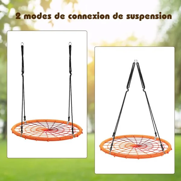 Balançoire Nid d’Oiseau Ø100CM Corde Réglable 100-160CM Charge 150KG Orange