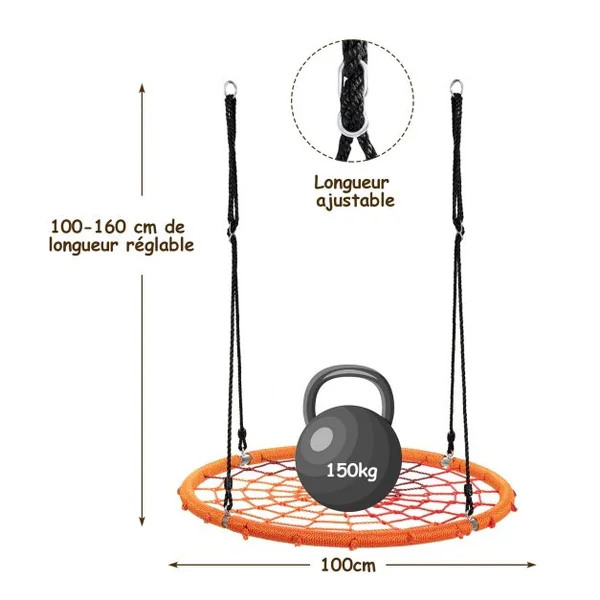 Balançoire Nid d’Oiseau Ø100CM Corde Réglable 100-160CM Charge 150KG Orange