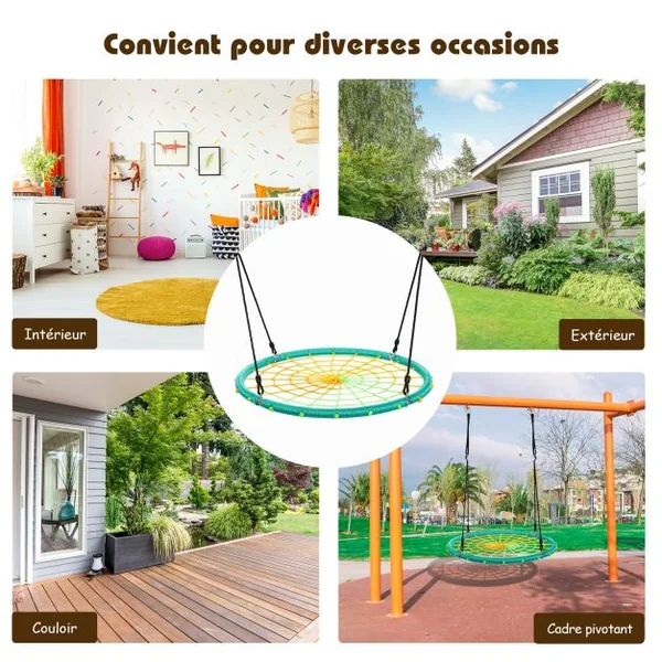Balançoire Nid d’Oiseau Ø100CM Corde Réglable 100-160CM Charge 150KG Vert