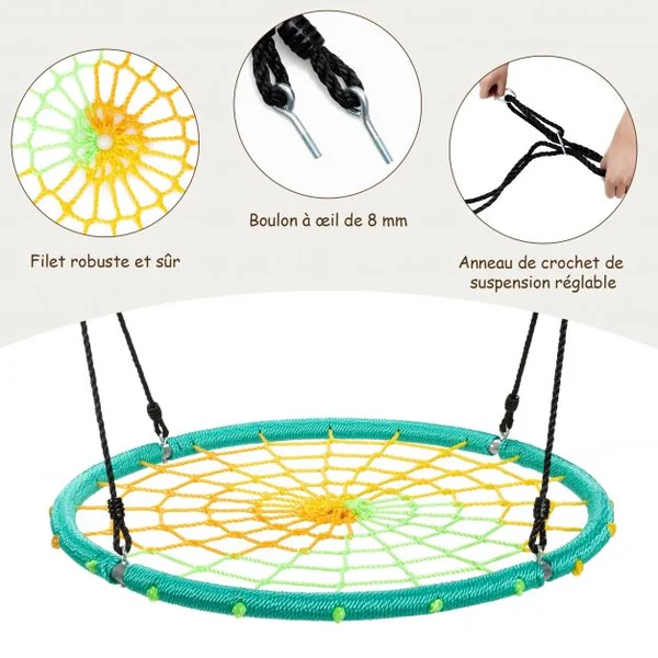 Balançoire Nid d’Oiseau Ø100CM Corde Réglable 100-160CM Charge 150KG Vert