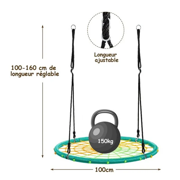 Balançoire Nid d’Oiseau Ø100CM Corde Réglable 100-160CM Charge 150KG Vert