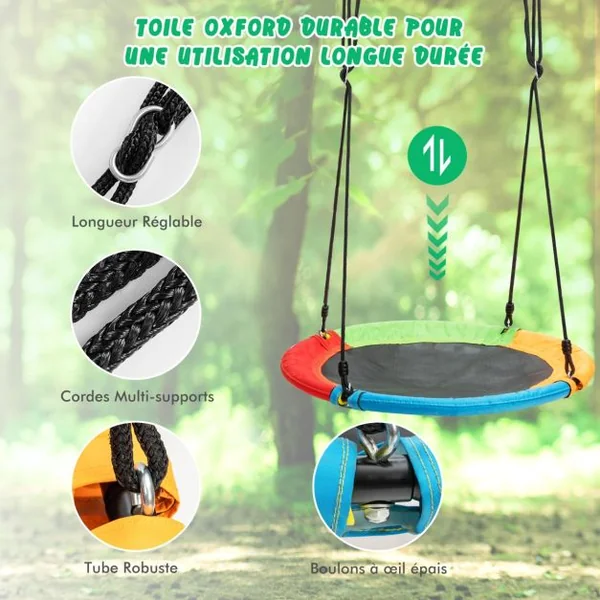 Balançoire Nid d'Oiseau Ø1m et Balançoire Ceinture 1,2m avec Cordes Réglables 2 Façons de Suspendre Charge Maximum 150kg