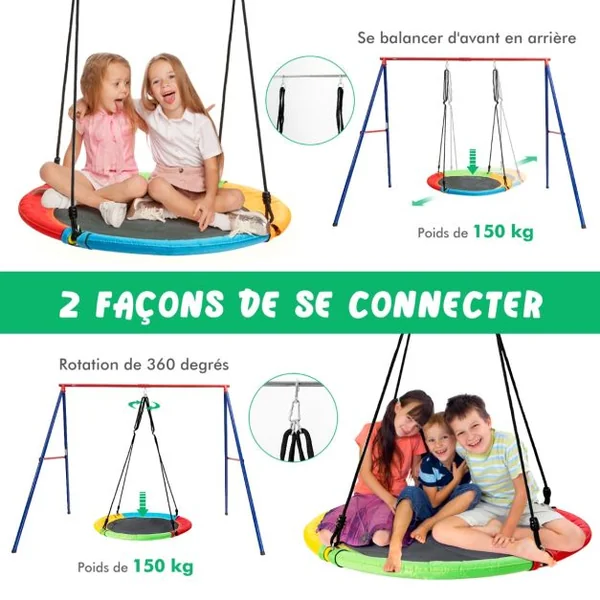 Balançoire Nid d'Oiseau Ø1m et Balançoire Ceinture 1,2m avec Cordes Réglables 2 Façons de Suspendre Charge Maximum 150kg