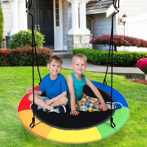 Balançoire Nid d'Oiseau Ø 100CM Charge 300kg pour 4 Enfants de 3 ans+ Balançoire Soucoupe Lumières LED Coloré en 8 Mode