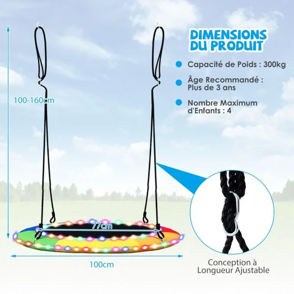Balançoire Nid d'Oiseau Ø 100CM Charge 300kg pour 4 Enfants de 3 ans+ Balançoire Soucoupe Lumières LED Coloré en 8 Mode
