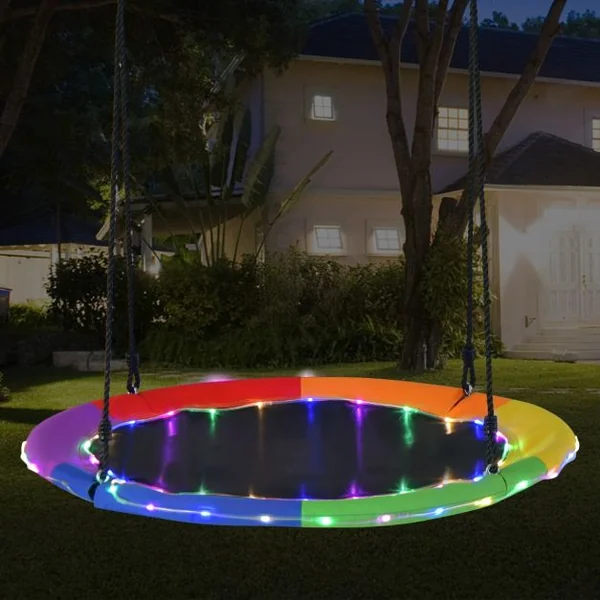 Balançoire Nid d'Oiseau Ø 100CM Charge 300kg pour 4 Enfants de 3 ans+ Balançoire Soucoupe Lumières LED Coloré en 8 Mode