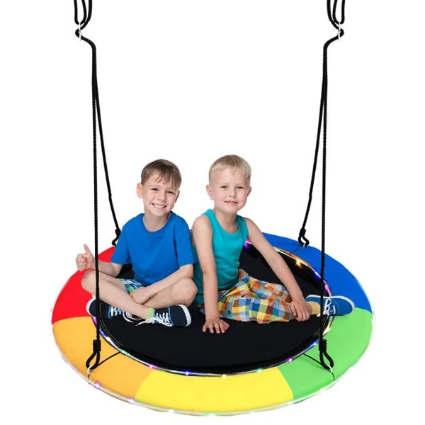 Balançoire Nid d'Oiseau Ø 100CM Charge 300kg pour 4 Enfants de 3 ans+ Balançoire Soucoupe Lumières LED Coloré en 8 Mode