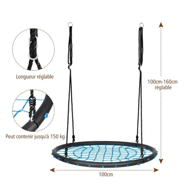 Balançoire Soucoupe Hexagonale Hauteurs Réglables 100-160 CM Capacité 150 kg en Tissu Oxford Dia.100 CM Bleu + Noir