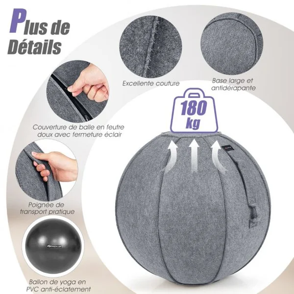 Ballon de Pilates 65CM avec Housse en Feutre Doux 2 Bandes de Résistance Poignées et Pompe Ballon Gym pour Maison Gris