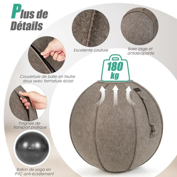 Ballon de Pilates 65CM avec Housse en Feutre Doux 2 Bandes de Résistance Poignées et Pompe Ballon Gym pour Maison Marron