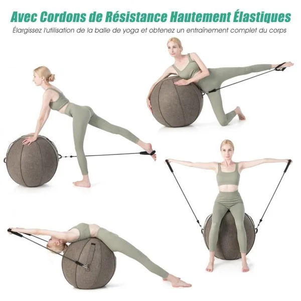 Ballon de Pilates 65CM avec Housse en Feutre Doux 2 Bandes de Résistance Poignées et Pompe Ballon Gym pour Maison Marron