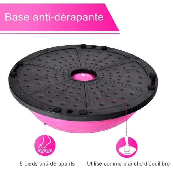Ballon d’Equilibre de Fitness Balance Trainer Cordes Élastiques Base Antidérapante en PVC ABS, 59,5x59,5x25cm, Violet