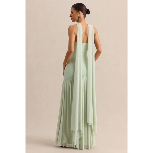 Bambi | Robe longue bandeau vert menthe avec détail foulard