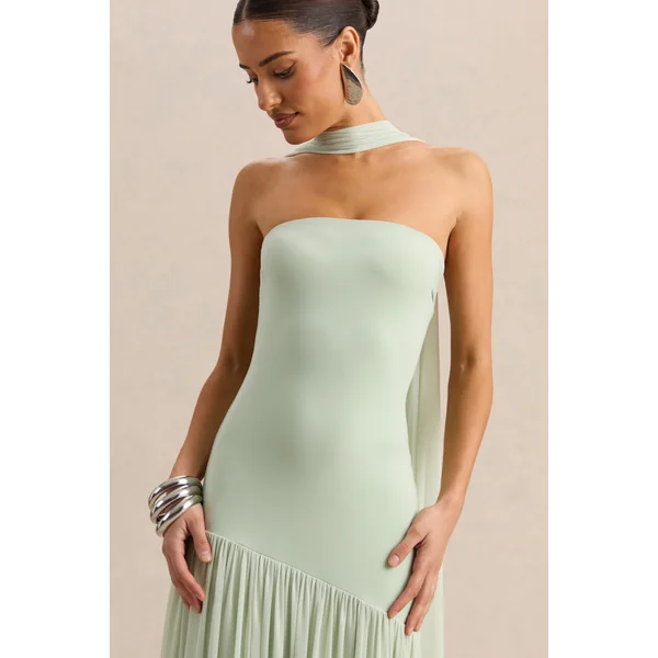 Bambi | Robe longue bandeau vert menthe avec détail foulard