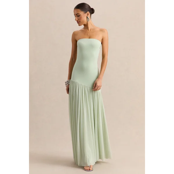 Bambi | Robe longue bandeau vert menthe avec détail foulard