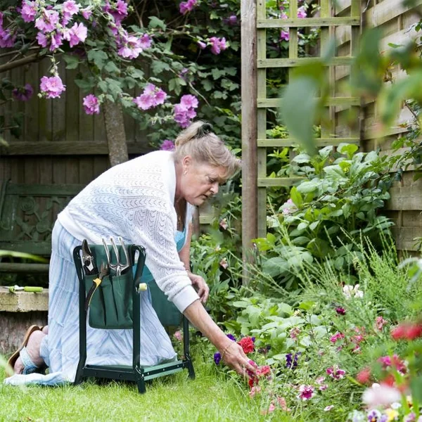Banc Agenouilloir de Jardin Pliable 2 en1 avec Sac à Outils Poche Siège Rembourré Supporter Jusqu'à 120KG