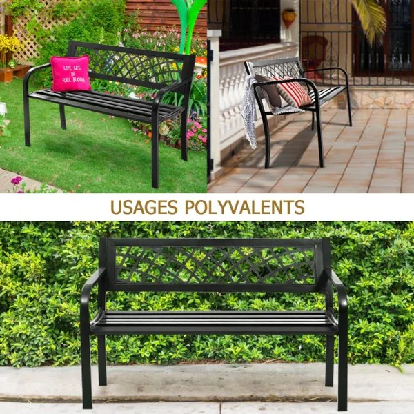 Banc de Jardin 2-3 Places Banc d’Extérieur avec Accoudoirs pour Parc Terrasse Balcon en Acier et PVC, 117x51x76cm, Noir