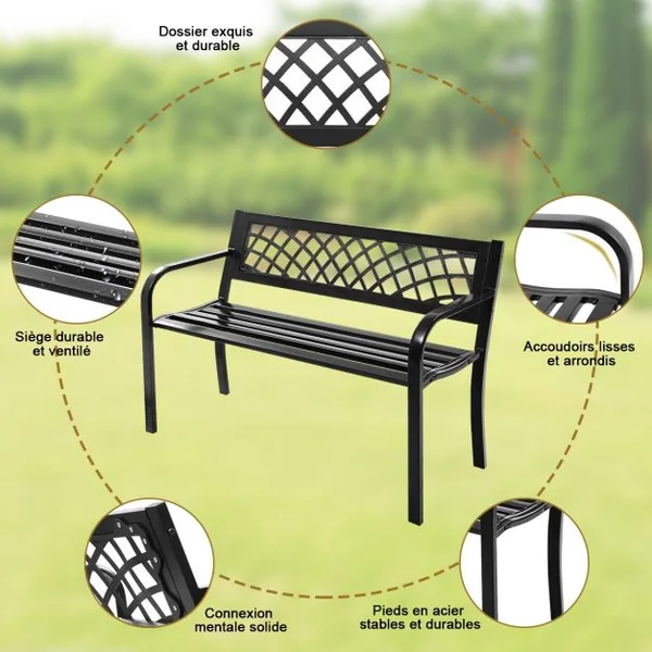 Banc de Jardin 2-3 Places Banc d’Extérieur avec Accoudoirs pour Parc Terrasse Balcon en Acier et PVC, 117x51x76cm, Noir