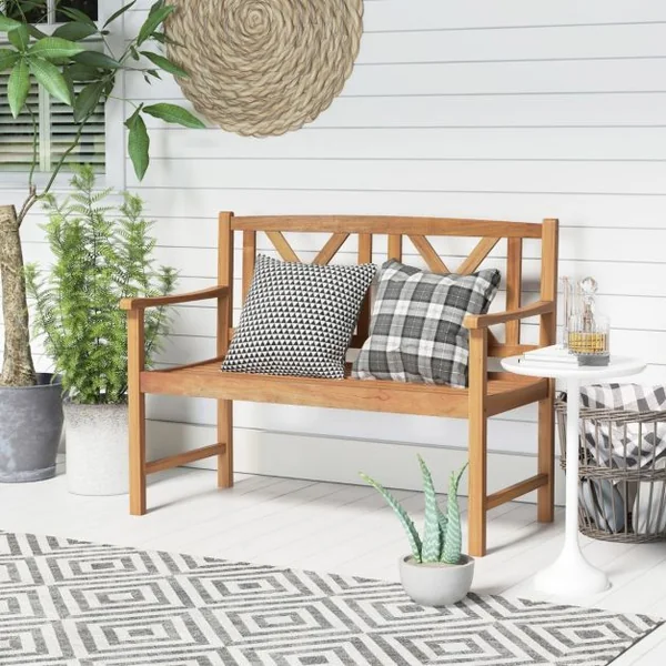 Banc de Jardin en Bois d'Acacia avec 2 Places 120x56x86 CM Banquette de Jardin Extérieure à Lattes avec Accoudoirs & Dossier