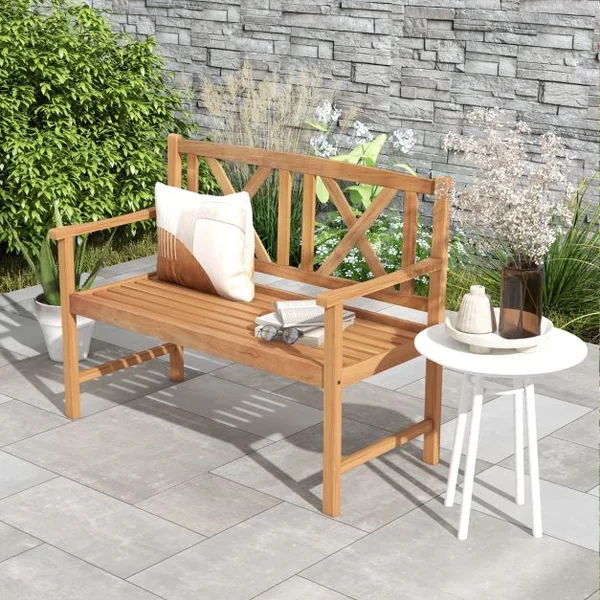 Banc de Jardin en Bois d'Acacia avec 2 Places 120x56x86 CM Banquette de Jardin Extérieure à Lattes avec Accoudoirs & Dossier