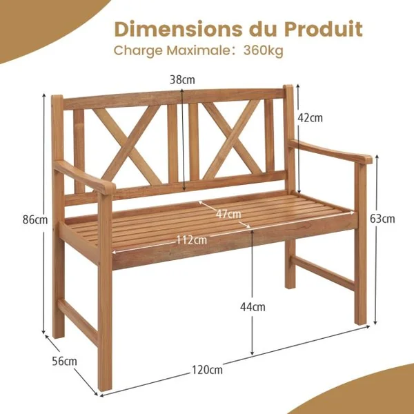 Banc de Jardin en Bois d'Acacia avec 2 Places 120x56x86 CM Banquette de Jardin Extérieure à Lattes avec Accoudoirs & Dossier