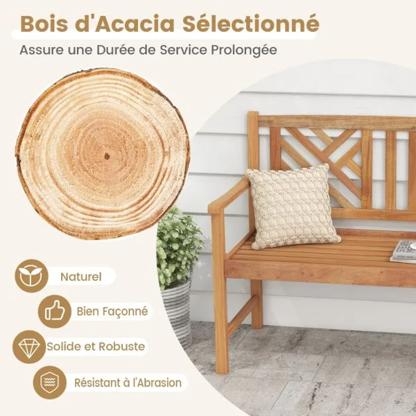 Banc de Jardin en Bois d'Acacia avec 2Places Charge 360KG Banquette de Jardin Extérieure à Lattes avec Accoudoirs et Dossier