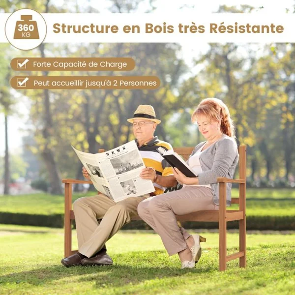 Banc de Jardin en Bois d'Acacia avec 2Places Charge 360KG Banquette de Jardin Extérieure à Lattes avec Accoudoirs et Dossier
