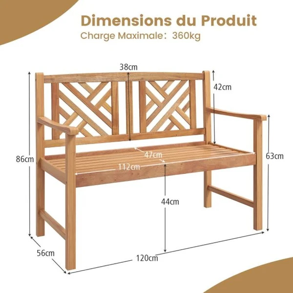 Banc de Jardin en Bois d'Acacia avec 2Places Charge 360KG Banquette de Jardin Extérieure à Lattes avec Accoudoirs et Dossier