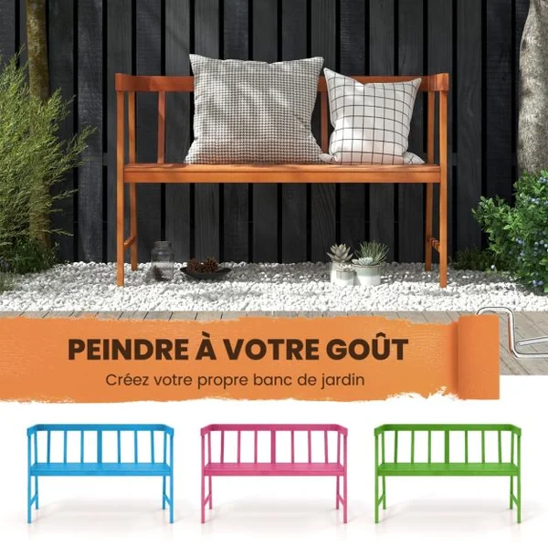 Banc de Jardin en Bois d’Acacia à Lattes pour 2 Personnes 110x46x72 CM Banquette d’Extérieure avec Dossier et Accoudoirs