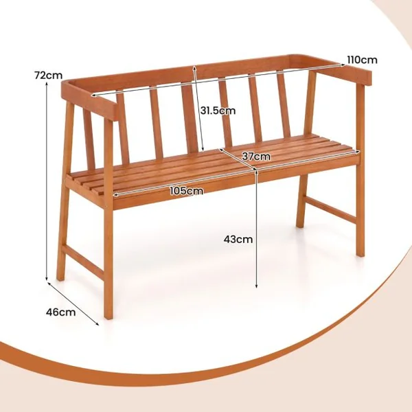 Banc de Jardin en Bois d’Acacia à Lattes pour 2 Personnes 110x46x72 CM Banquette d’Extérieure avec Dossier et Accoudoirs